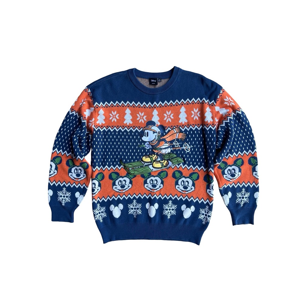 Disney Mickey Mouse Skiing Holiday Sweater Blue Orange Fair Isle Adult L Cabin